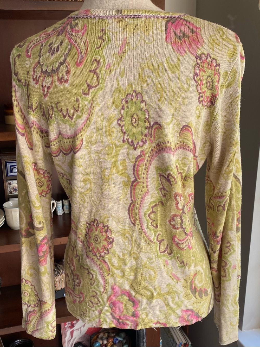 Sigrid Olsen Paisley Button-Front Long Sleeve Cardigan, in Green-Pink M EUC - Picture 7 of 14